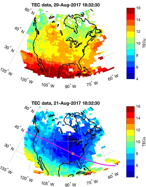 two maps of the contiguous United States with total electron content plotted by color