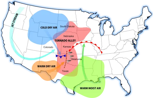 A map of the US with Tornado Alley