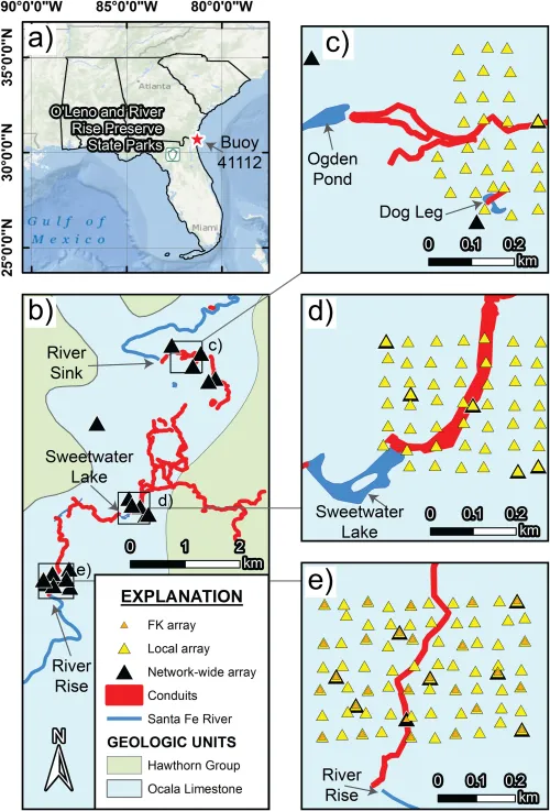 Map figure showing study site location, seismic array locations, geologic units, and extent of aquifer. 