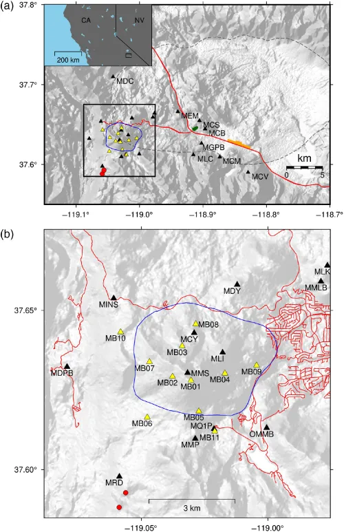 Map of Mammoth Mountain region with stations marked as yellow or black triangles, or red circles. 