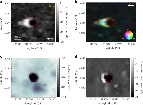 Four-paneled figure showing SAR images of Mare Tranquillitatis Pit. There is a distinct round pit in black, and in two images there is an elongated brightening on the left side indicating radar light being reflected back. 