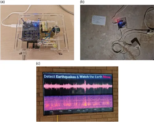 three images showing a Raspberry Shake seismometers and a display on a wall showing data