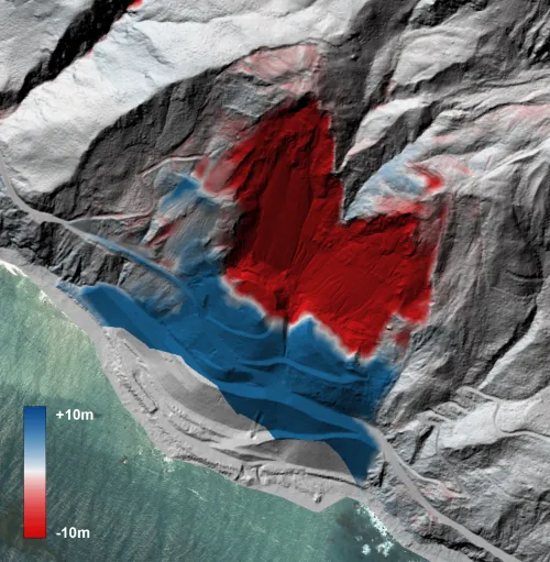 topographic differencing of a landslide in Big Sur, CA with eroded areas shown in red and areas of deposition shown in blue