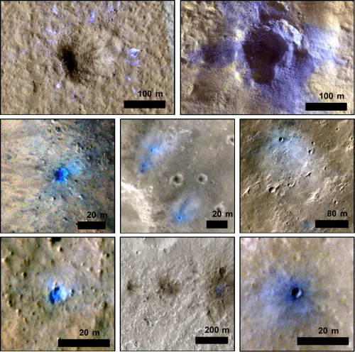 Multi-paneled images of craters from an aerial perspective. The craters are false-colored so that some debris ejecta appear blue or purple. Scale bars denote the diameter of craters, which appear between 20 meters and 200 meters. 