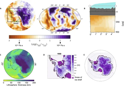 figure with several maps of Antarctica showing different properties