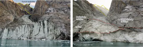 two photos from the fjord looking up towards the source of the rockslide