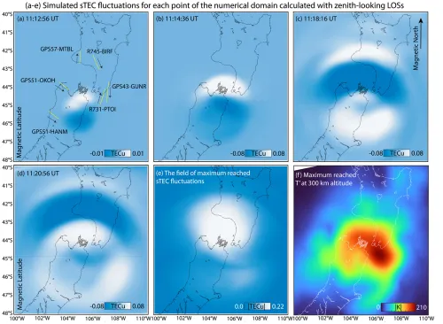 several map-view panels showing the ionospheric wave growing as it propagates out from the epicenter