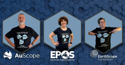 photos of the three CEOs wearing matching black t-shirts within blue hexagon graphics, with each organization's logo beneath them