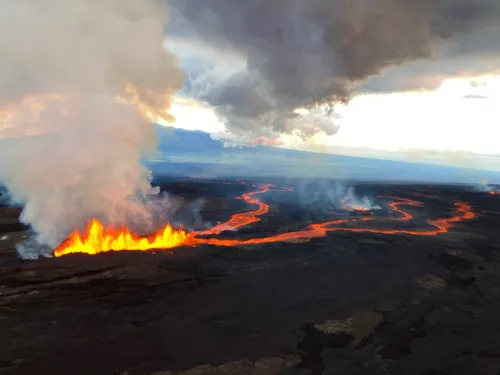 A photo from a flight showing lava fountains at fissure 3, with lava flowing downhill from there along several paths.