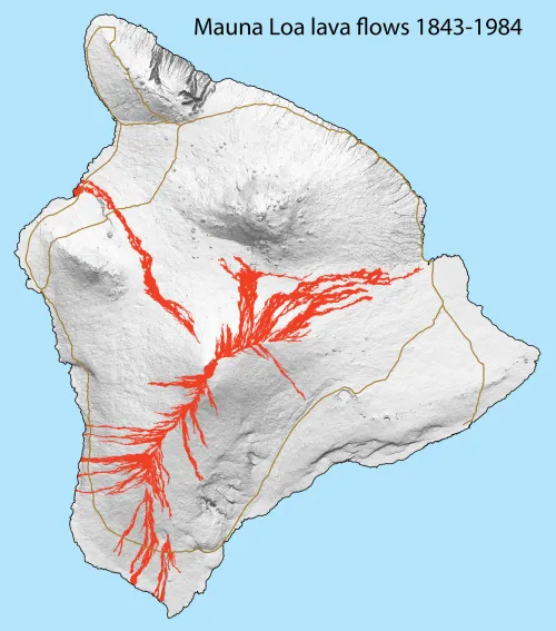 A simple map of Big Island with several lines of past lava flows extending outward from the center.