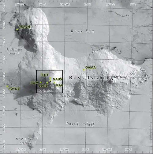 Topographic image of Mt. Erebus with 8 stations marked, five near the summit and three farther away.