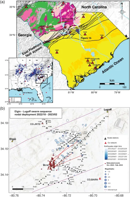 Maps of the regional geology, earthquake locations, and seismometer locations.
