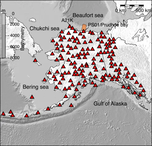 Map of Alaska showing locations of seismic stations, covering the state somewhat evenly.