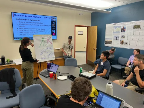 A woman stands at the front of a conference room, presenting a hand-drawn engineering diagram on a flip chart to a seated group. A man stands beside her, and a large screen behind them displays a slide titled &ldquo;Common Sensor Platform: Engineering Activity Report Out,&rdquo; with a list of discussion questions. Several participants watch attentively, with laptops, drinks, and notes on the table.