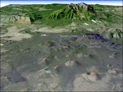 Image with 3D topography oriented like a view from an airplane.