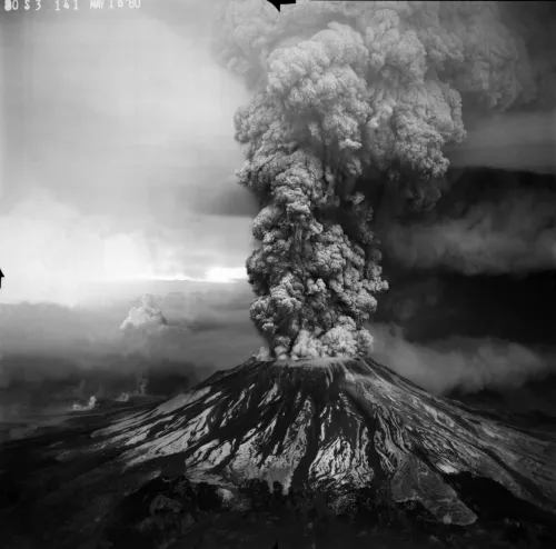 Black and white image of the eruption column of Mount St. Helens. A thick column of ash and gas ascends into the upper atmosphere. 